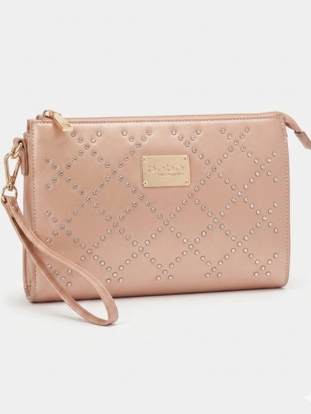 Bebe Rose Gold Metallic Rhinestone Diamond Detail Wristlet Clutch Bag